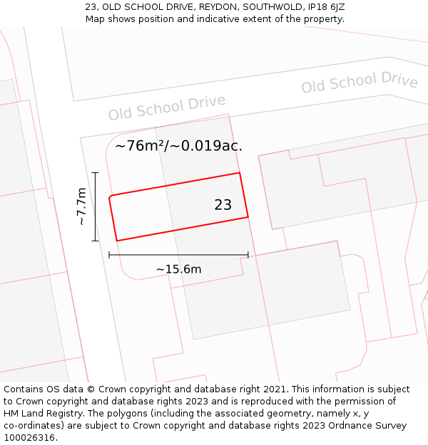 23, OLD SCHOOL DRIVE, REYDON, SOUTHWOLD, IP18 6JZ: Plot and title map