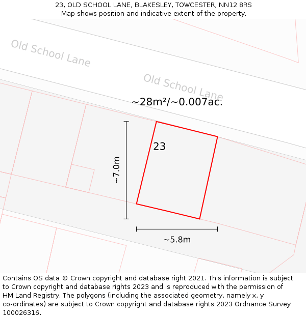 23, OLD SCHOOL LANE, BLAKESLEY, TOWCESTER, NN12 8RS: Plot and title map