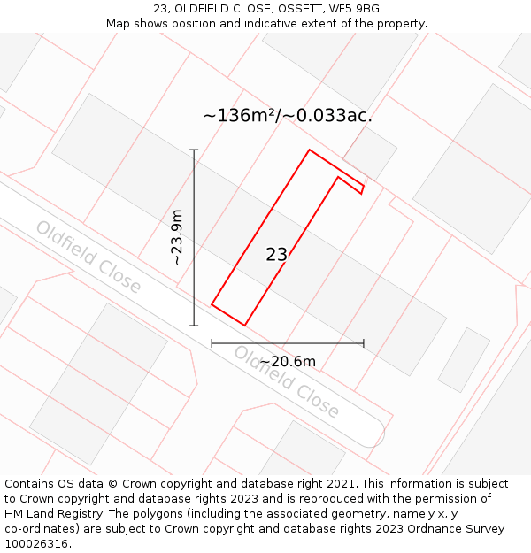 23, OLDFIELD CLOSE, OSSETT, WF5 9BG: Plot and title map