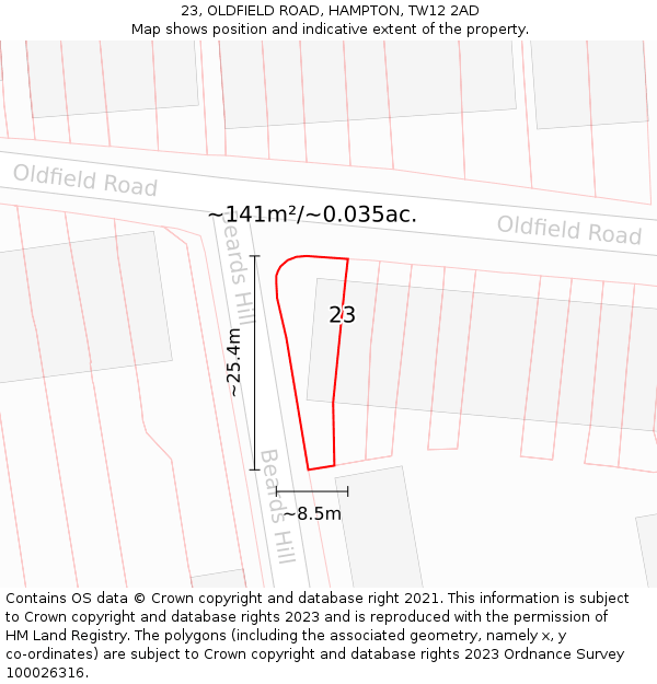 23, OLDFIELD ROAD, HAMPTON, TW12 2AD: Plot and title map