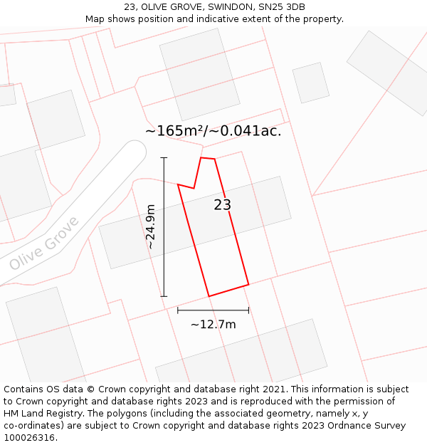 23, OLIVE GROVE, SWINDON, SN25 3DB: Plot and title map