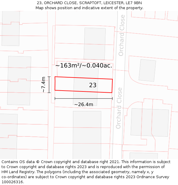 23, ORCHARD CLOSE, SCRAPTOFT, LEICESTER, LE7 9BN: Plot and title map