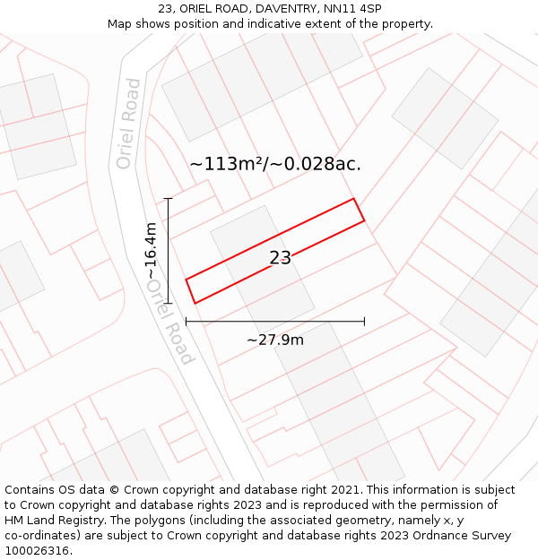 23, ORIEL ROAD, DAVENTRY, NN11 4SP: Plot and title map