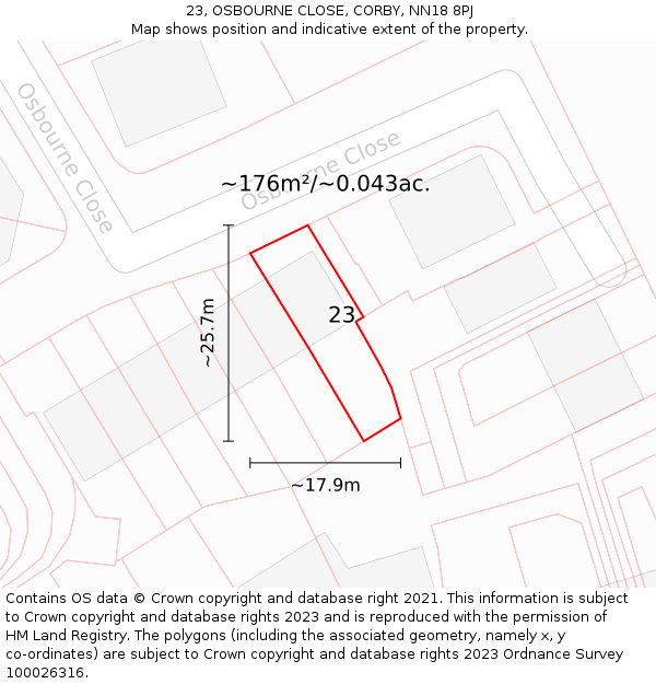 23, OSBOURNE CLOSE, CORBY, NN18 8PJ: Plot and title map