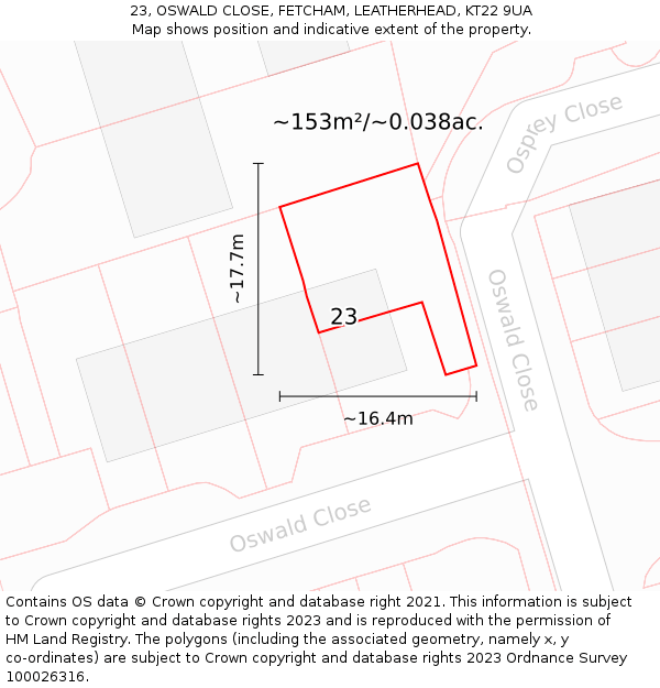 23, OSWALD CLOSE, FETCHAM, LEATHERHEAD, KT22 9UA: Plot and title map