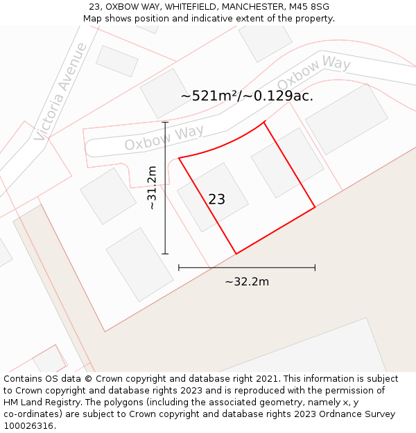 23, OXBOW WAY, WHITEFIELD, MANCHESTER, M45 8SG: Plot and title map