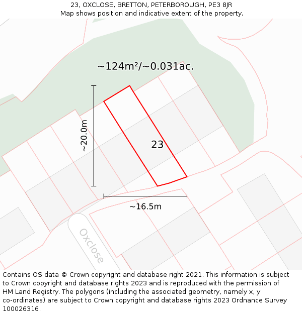 23, OXCLOSE, BRETTON, PETERBOROUGH, PE3 8JR: Plot and title map