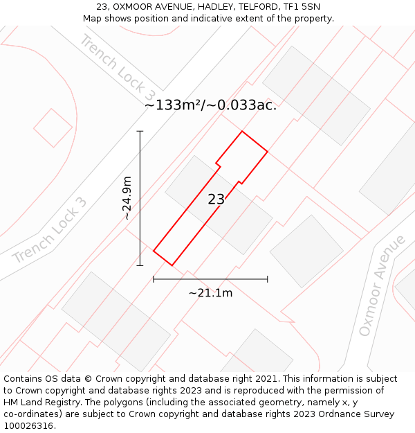 23, OXMOOR AVENUE, HADLEY, TELFORD, TF1 5SN: Plot and title map