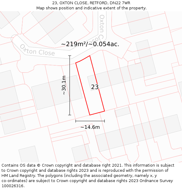23, OXTON CLOSE, RETFORD, DN22 7WR: Plot and title map