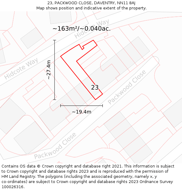 23, PACKWOOD CLOSE, DAVENTRY, NN11 8AJ: Plot and title map