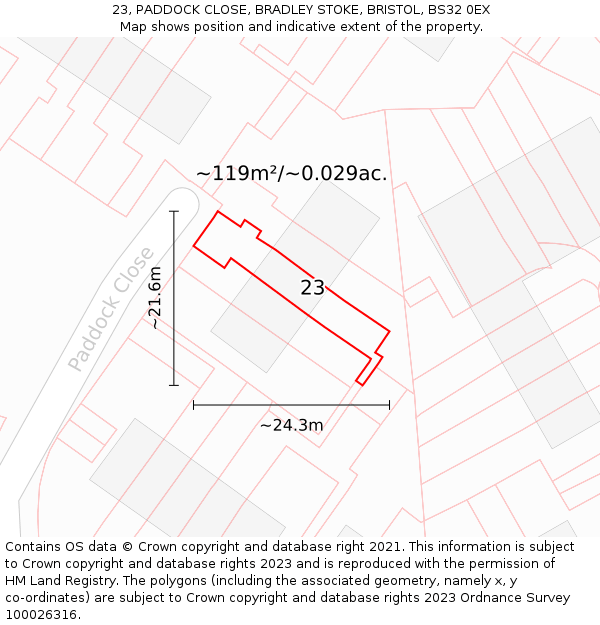 23, PADDOCK CLOSE, BRADLEY STOKE, BRISTOL, BS32 0EX: Plot and title map