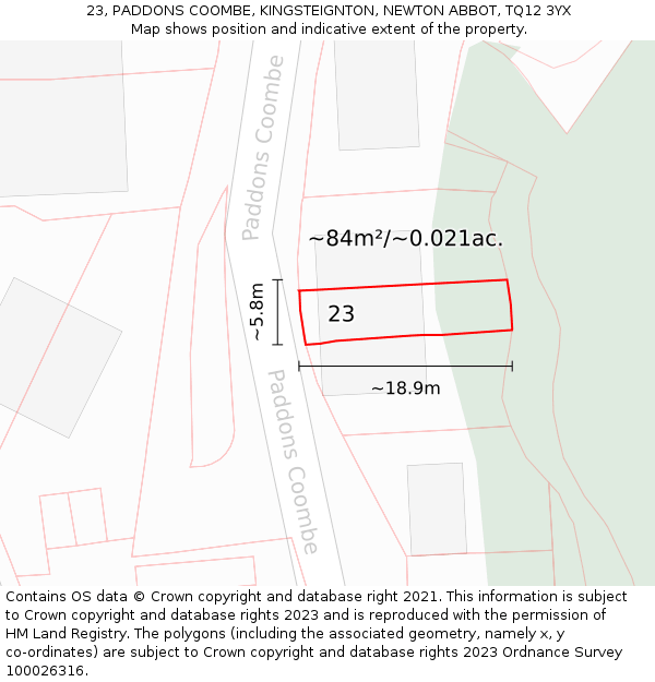 23, PADDONS COOMBE, KINGSTEIGNTON, NEWTON ABBOT, TQ12 3YX: Plot and title map