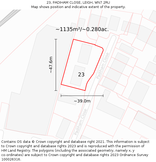 23, PADIHAM CLOSE, LEIGH, WN7 2RU: Plot and title map