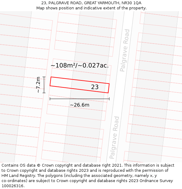 23, PALGRAVE ROAD, GREAT YARMOUTH, NR30 1QA: Plot and title map