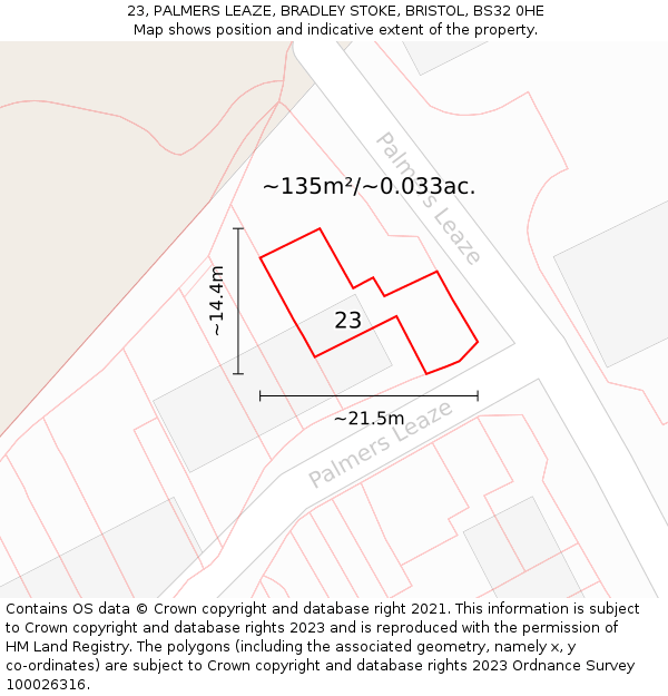 23, PALMERS LEAZE, BRADLEY STOKE, BRISTOL, BS32 0HE: Plot and title map