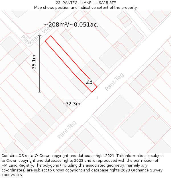 23, PANTEG, LLANELLI, SA15 3TE: Plot and title map