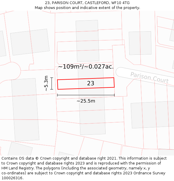 23, PARISON COURT, CASTLEFORD, WF10 4TG: Plot and title map