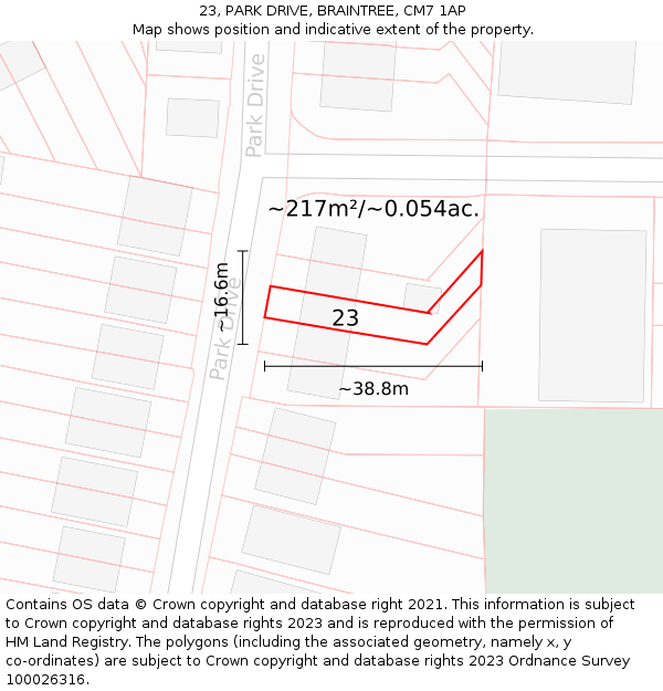 23, PARK DRIVE, BRAINTREE, CM7 1AP: Plot and title map