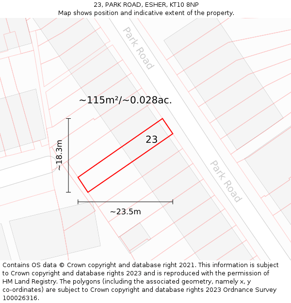23, PARK ROAD, ESHER, KT10 8NP: Plot and title map