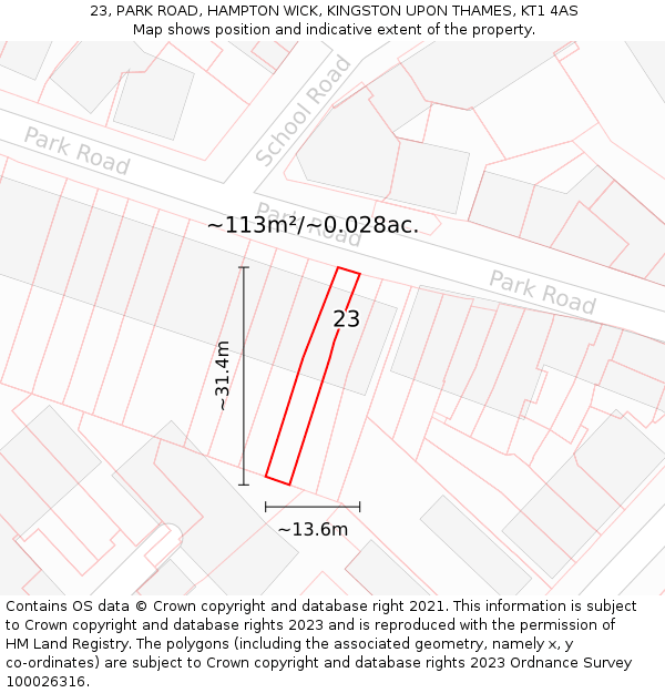 23, PARK ROAD, HAMPTON WICK, KINGSTON UPON THAMES, KT1 4AS: Plot and title map