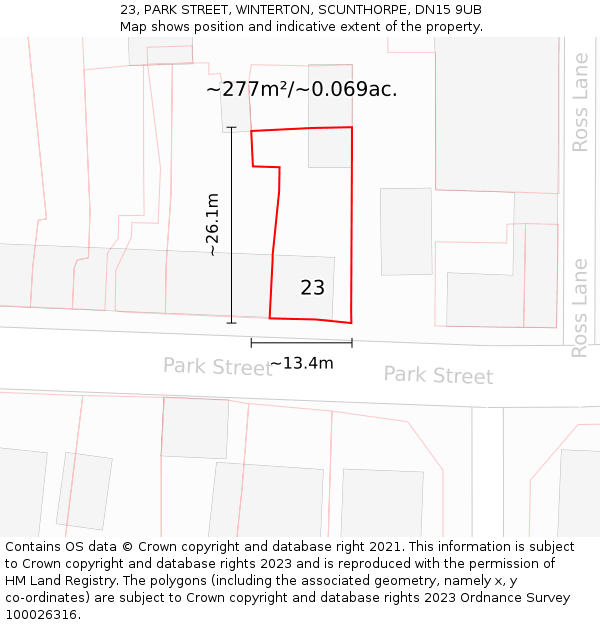 23, PARK STREET, WINTERTON, SCUNTHORPE, DN15 9UB: Plot and title map