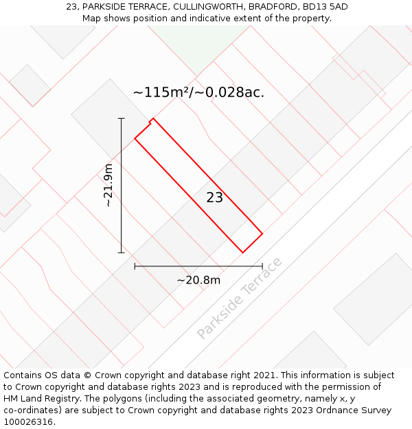 23, PARKSIDE TERRACE, CULLINGWORTH, BRADFORD, BD13 5AD: Plot and title map