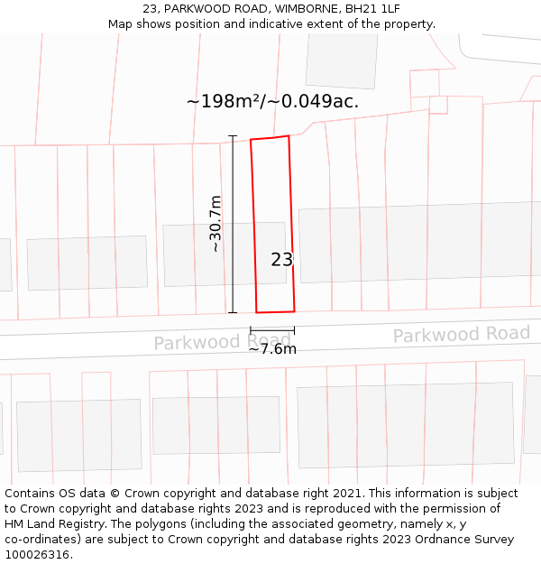 23, PARKWOOD ROAD, WIMBORNE, BH21 1LF: Plot and title map
