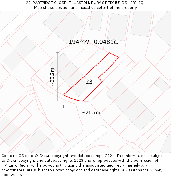 23, PARTRIDGE CLOSE, THURSTON, BURY ST EDMUNDS, IP31 3QL: Plot and title map