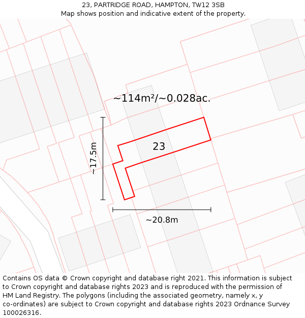 23, PARTRIDGE ROAD, HAMPTON, TW12 3SB: Plot and title map