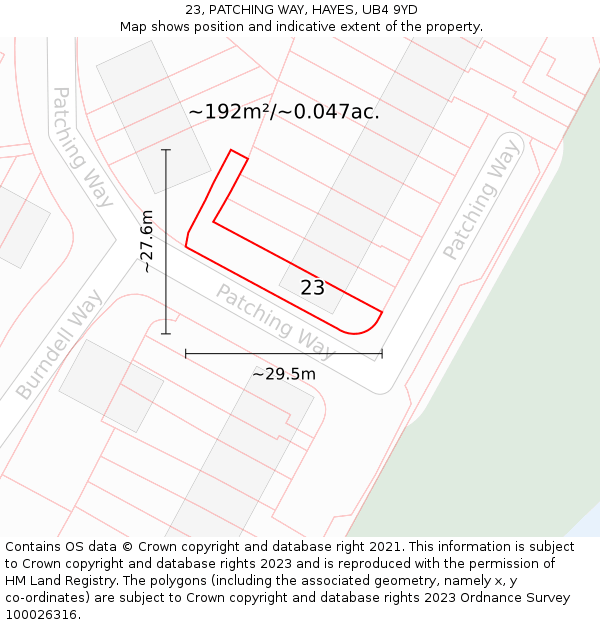 23, PATCHING WAY, HAYES, UB4 9YD: Plot and title map