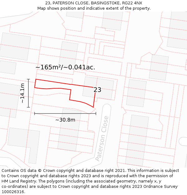 23, PATERSON CLOSE, BASINGSTOKE, RG22 4NX: Plot and title map
