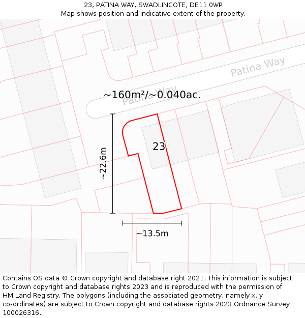 23, PATINA WAY, SWADLINCOTE, DE11 0WP: Plot and title map