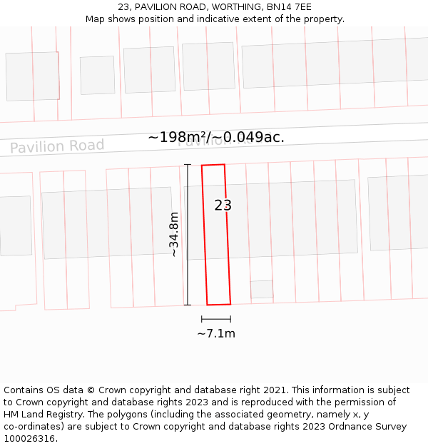 23, PAVILION ROAD, WORTHING, BN14 7EE: Plot and title map