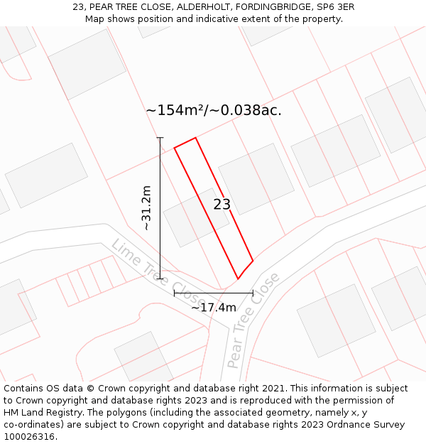 23, PEAR TREE CLOSE, ALDERHOLT, FORDINGBRIDGE, SP6 3ER: Plot and title map