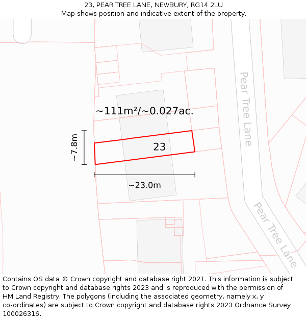 23, PEAR TREE LANE, NEWBURY, RG14 2LU: Plot and title map