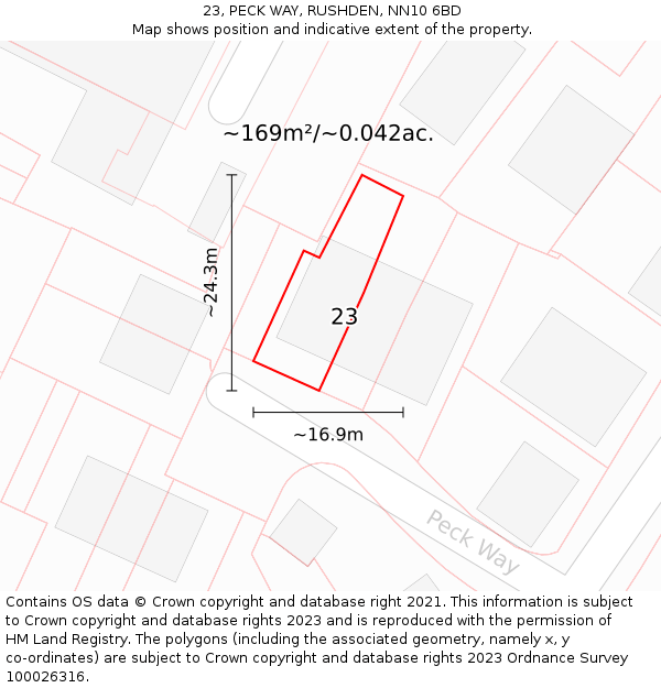 23, PECK WAY, RUSHDEN, NN10 6BD: Plot and title map