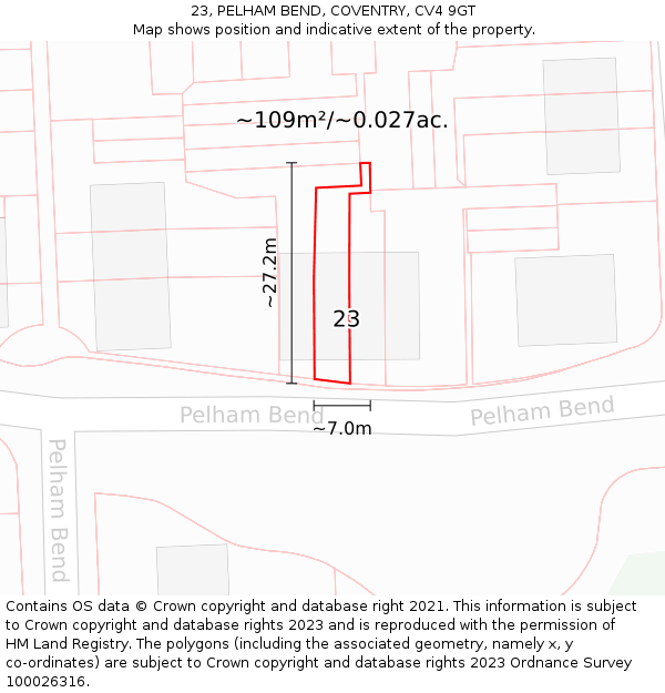23, PELHAM BEND, COVENTRY, CV4 9GT: Plot and title map
