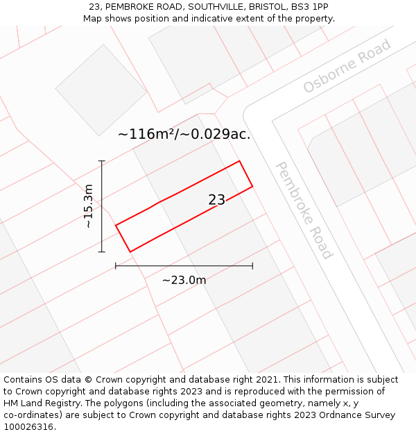 23, PEMBROKE ROAD, SOUTHVILLE, BRISTOL, BS3 1PP: Plot and title map