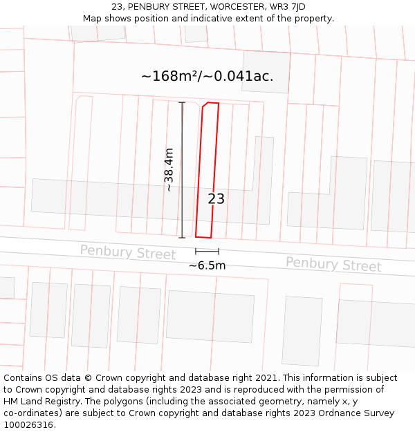 23, PENBURY STREET, WORCESTER, WR3 7JD: Plot and title map