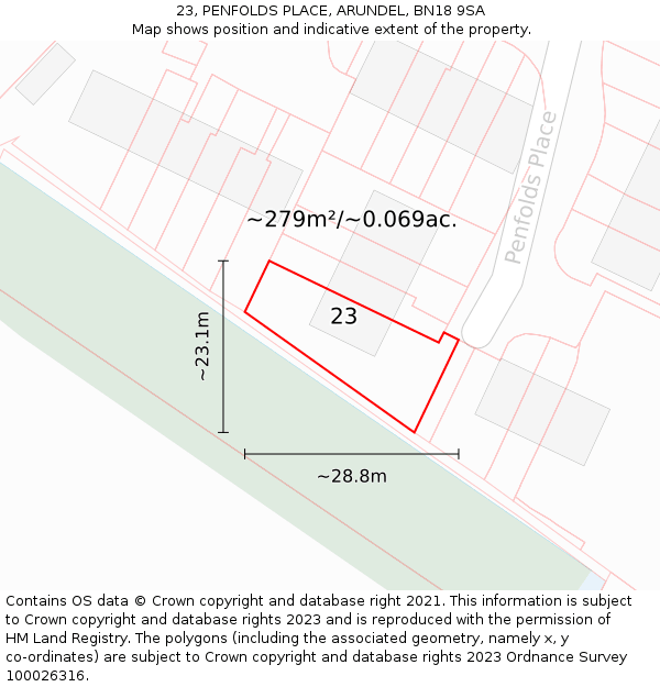23, PENFOLDS PLACE, ARUNDEL, BN18 9SA: Plot and title map