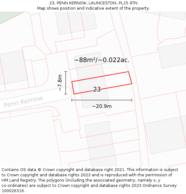 23, PENN KERNOW, LAUNCESTON, PL15 9TN: Plot and title map