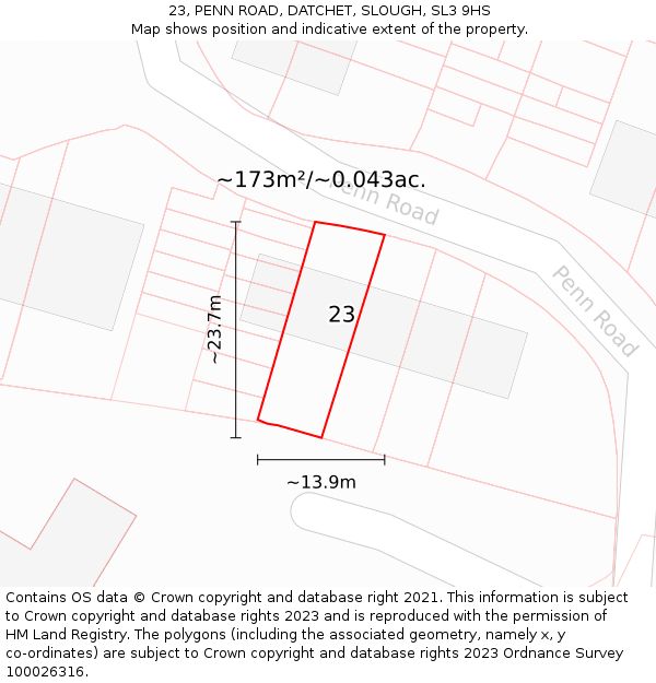 23, PENN ROAD, DATCHET, SLOUGH, SL3 9HS: Plot and title map