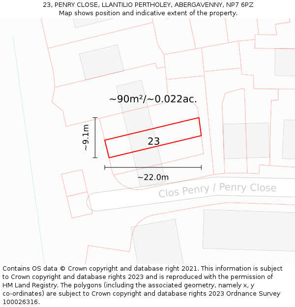 23, PENRY CLOSE, LLANTILIO PERTHOLEY, ABERGAVENNY, NP7 6PZ: Plot and title map