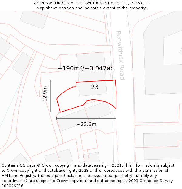 23, PENWITHICK ROAD, PENWITHICK, ST AUSTELL, PL26 8UH: Plot and title map