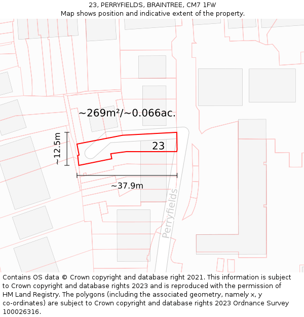 23, PERRYFIELDS, BRAINTREE, CM7 1FW: Plot and title map
