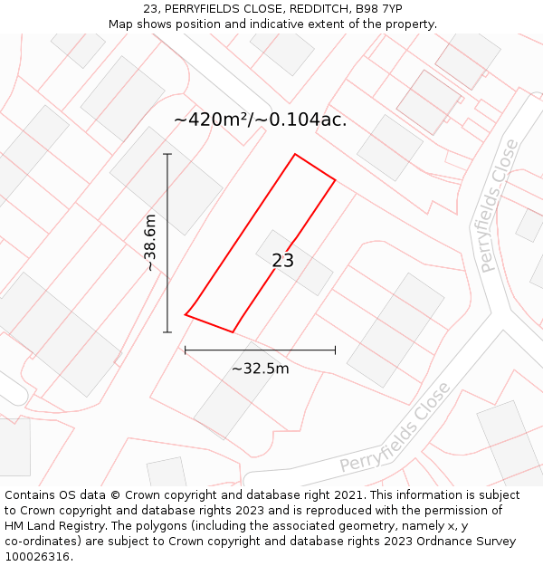 23, PERRYFIELDS CLOSE, REDDITCH, B98 7YP: Plot and title map