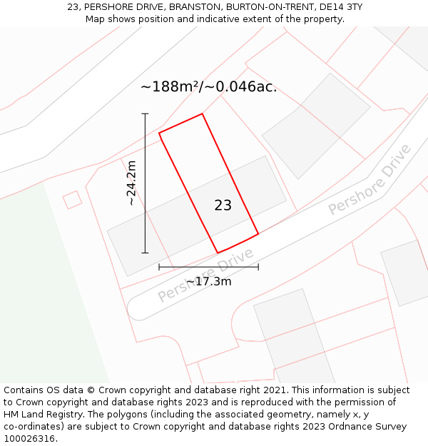 23, PERSHORE DRIVE, BRANSTON, BURTON-ON-TRENT, DE14 3TY: Plot and title map