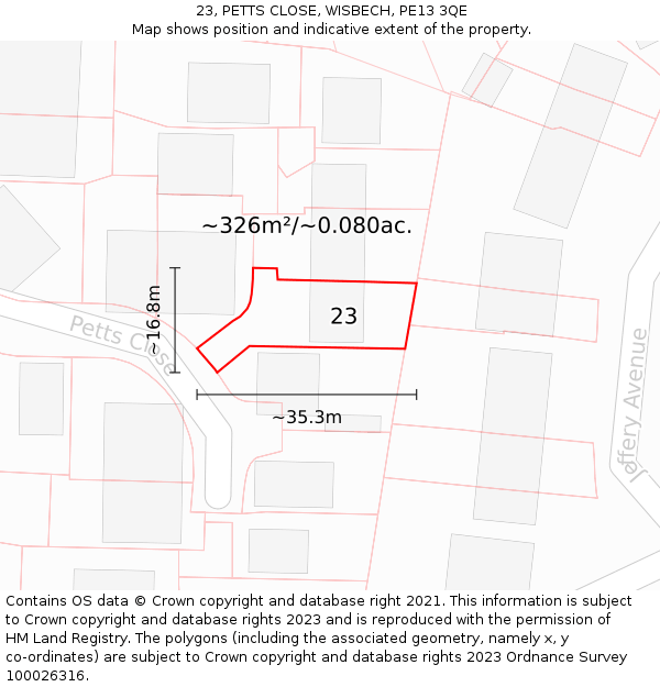 23, PETTS CLOSE, WISBECH, PE13 3QE: Plot and title map