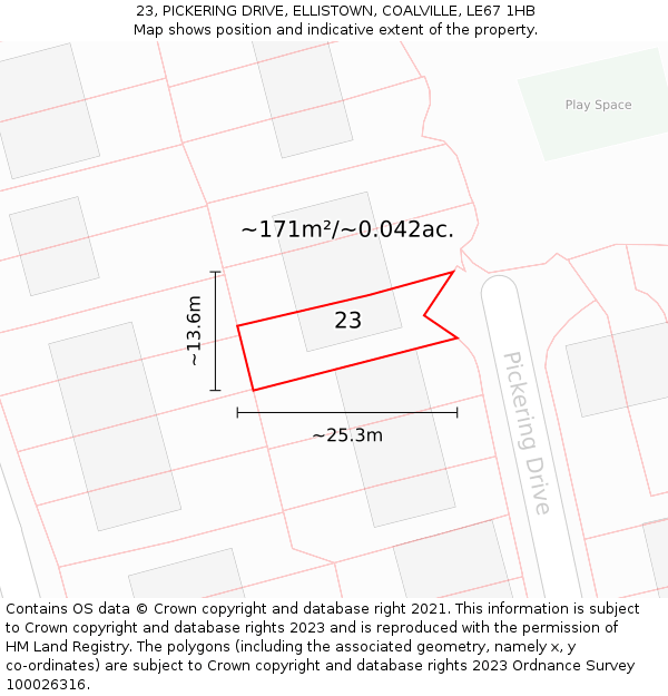 23, PICKERING DRIVE, ELLISTOWN, COALVILLE, LE67 1HB: Plot and title map