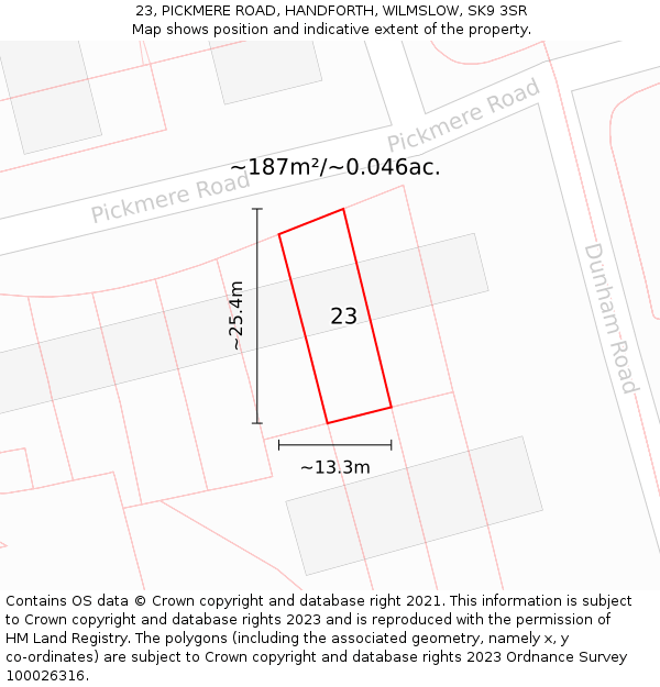 23, PICKMERE ROAD, HANDFORTH, WILMSLOW, SK9 3SR: Plot and title map